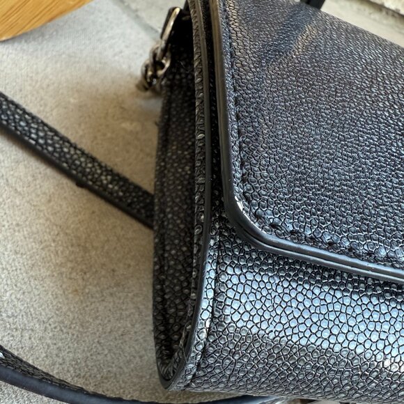 KARL LAGERFELD PARIS STRUCTURED FLAP OVER CROSSBODY CLUTCH BLACK GREY VEGAN - Picture 13 of 14